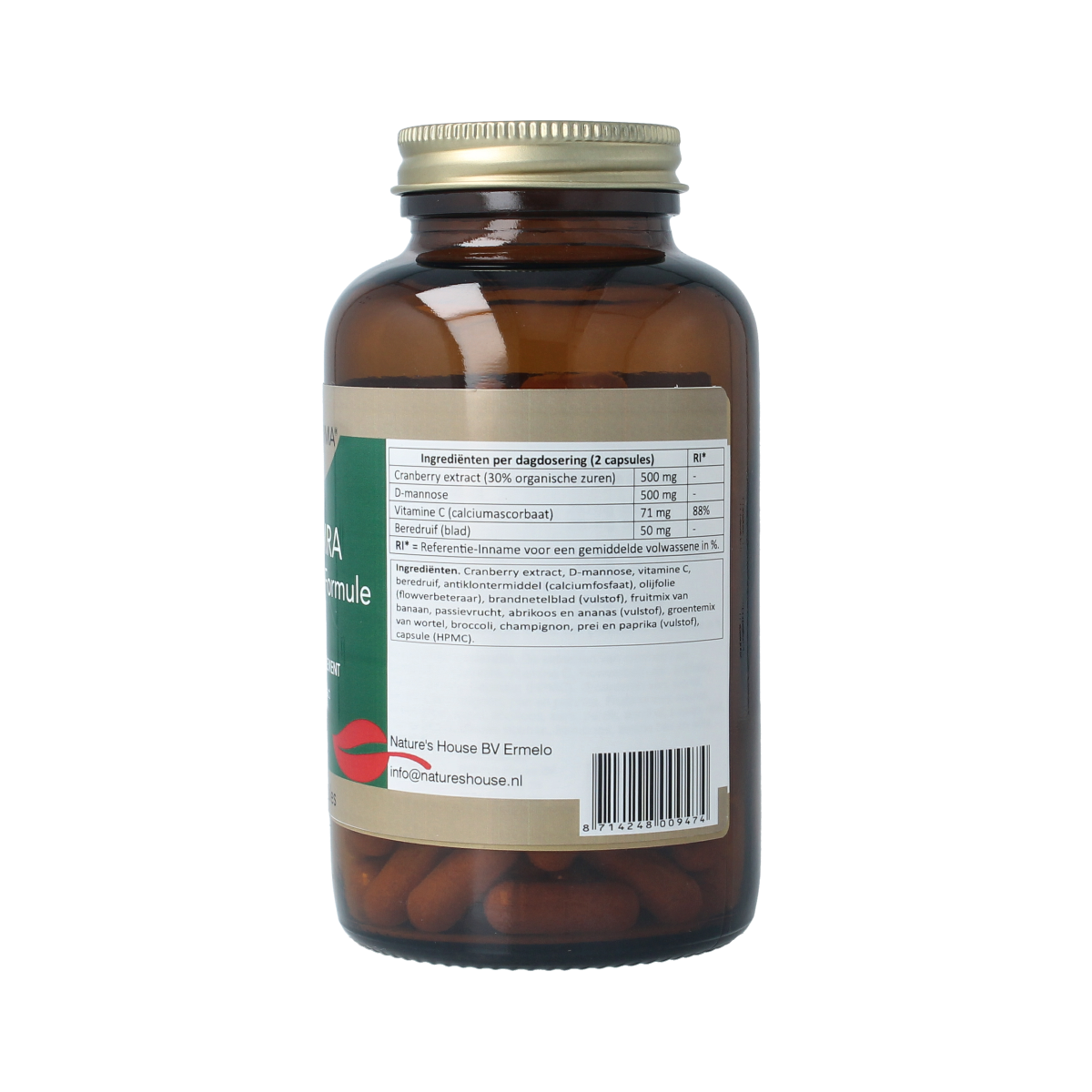 Natupharma Candira cranberry capsules, herbal supplement in a bottle, 120 capsules for urinary health support.