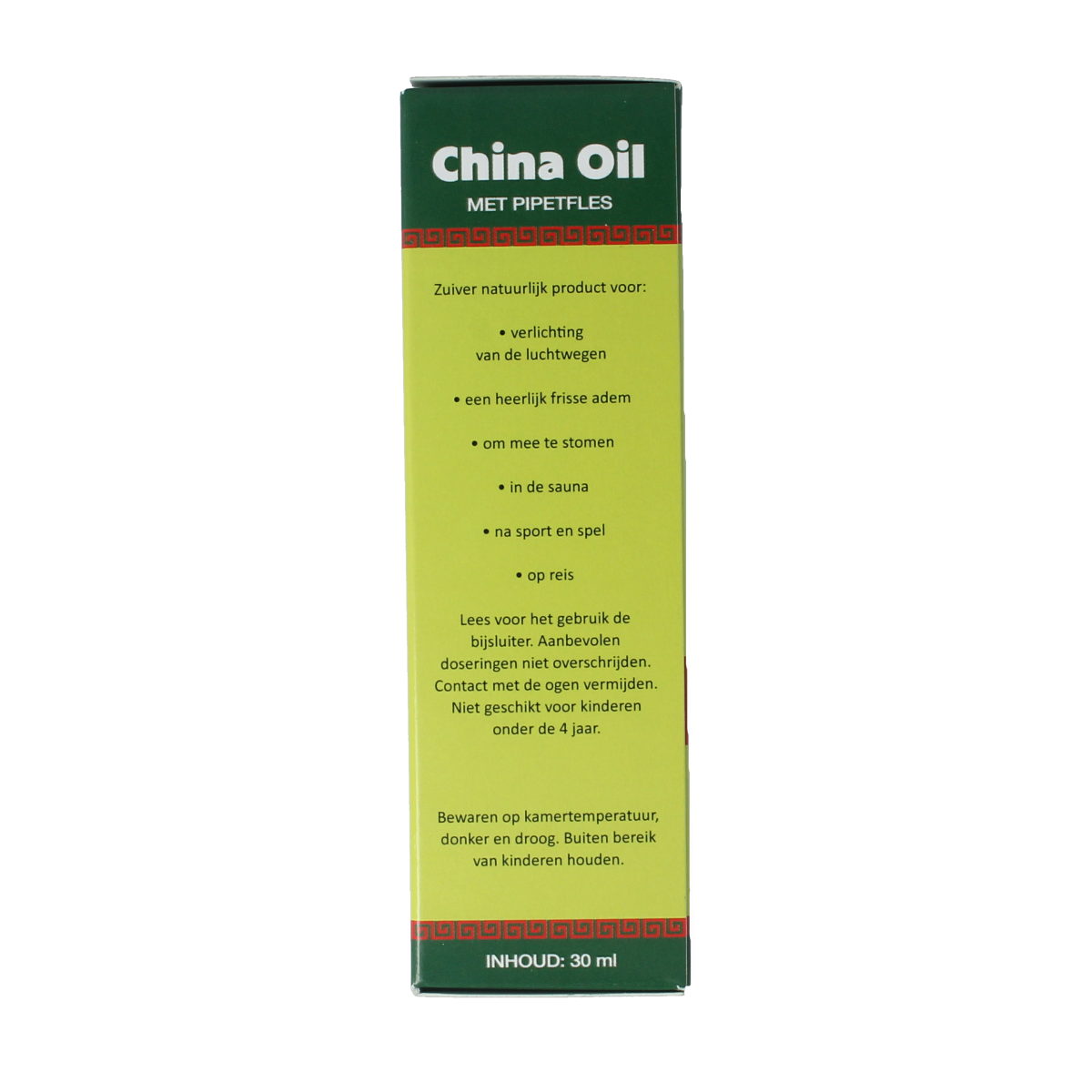 Bottle of Natupharma China oil, 30 ml, herbal supplement from Natupharma, with a white label and clear cap.