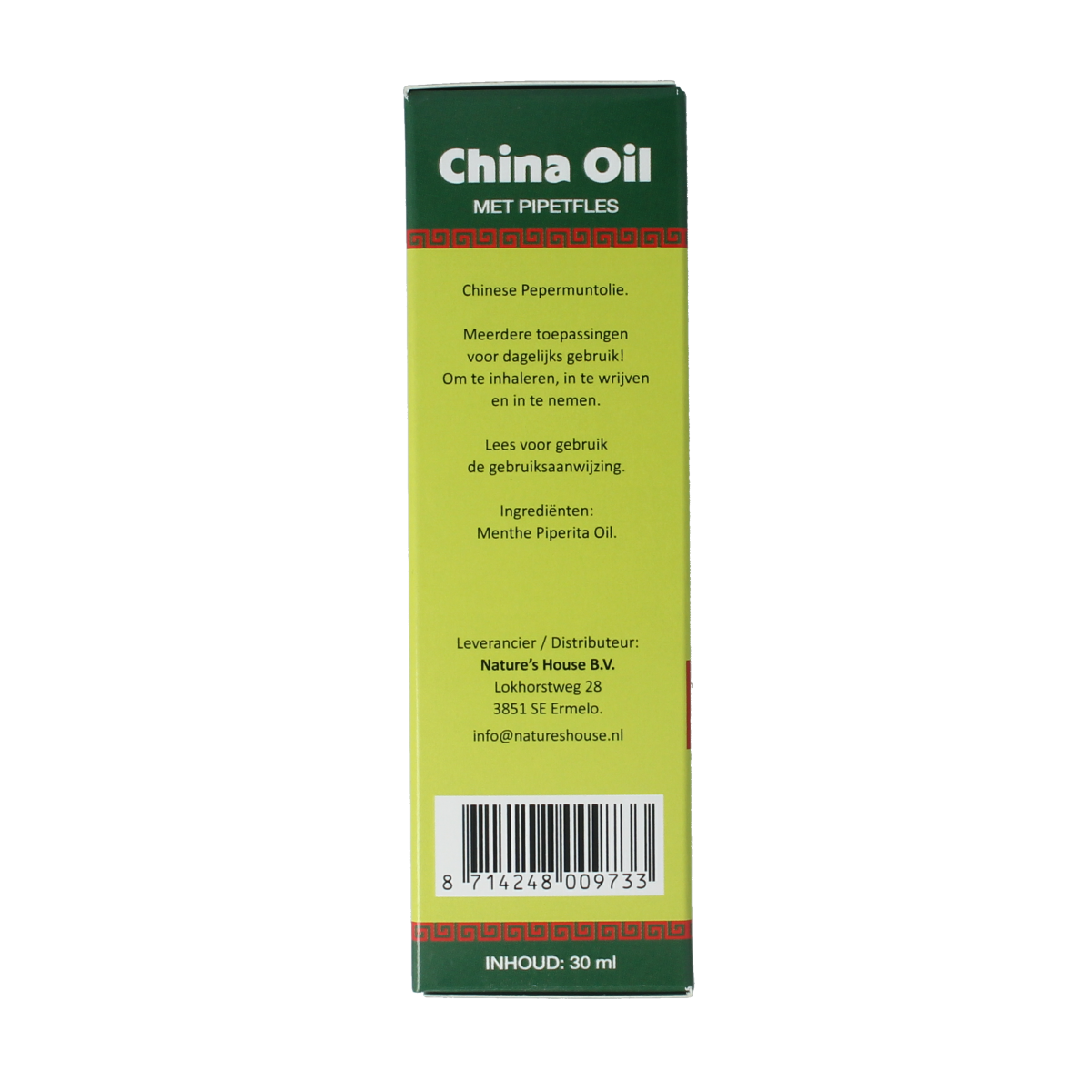 Natupharma China oil bottle, 30ml, herbal supplement from Kruidenpreparaten line, with label and dropper cap visible.
