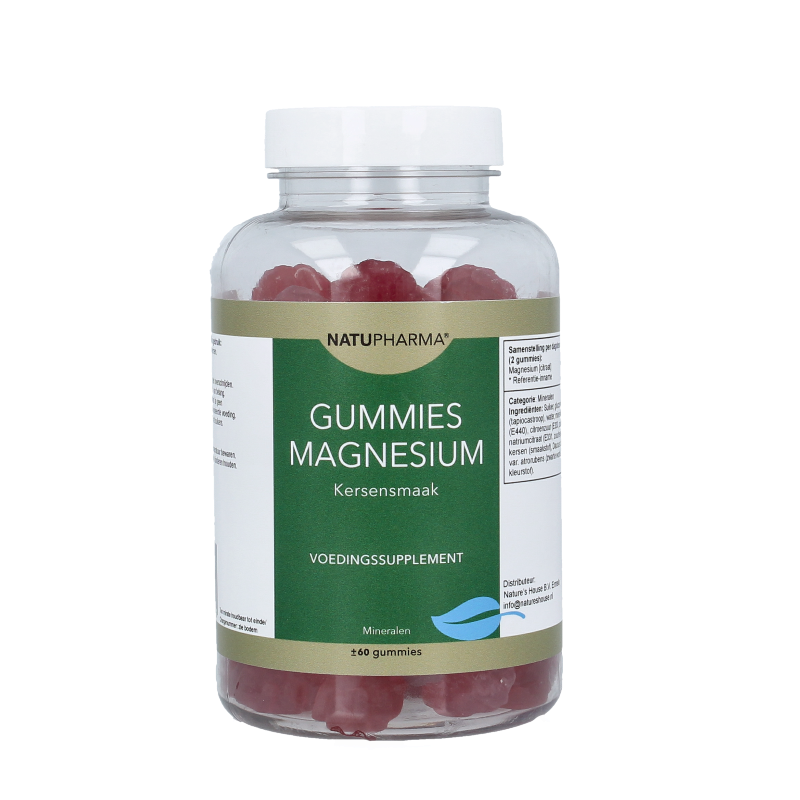 Natupharma Magnesium Gummies in Kersensmaak, 60 mineral-enriched gummies with cherry flavor, soft and chewy dietary supplement.