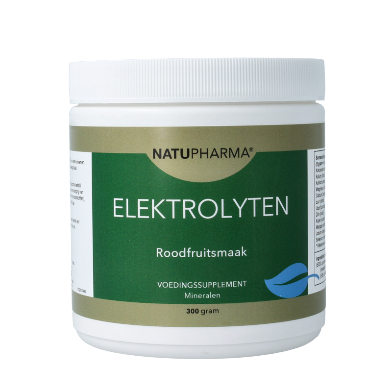 Natupharma Elektrolyten rood fruit mineral supplement in a 300g container, featuring colorful fruit-flavored powder with a scoop.