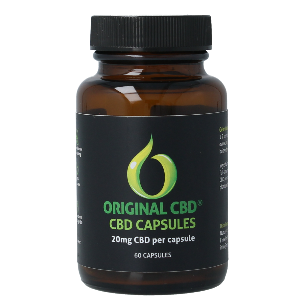 CBD Original CBD olie capsules, 20mg each, in a bottle with label showing capsules and product branding.
