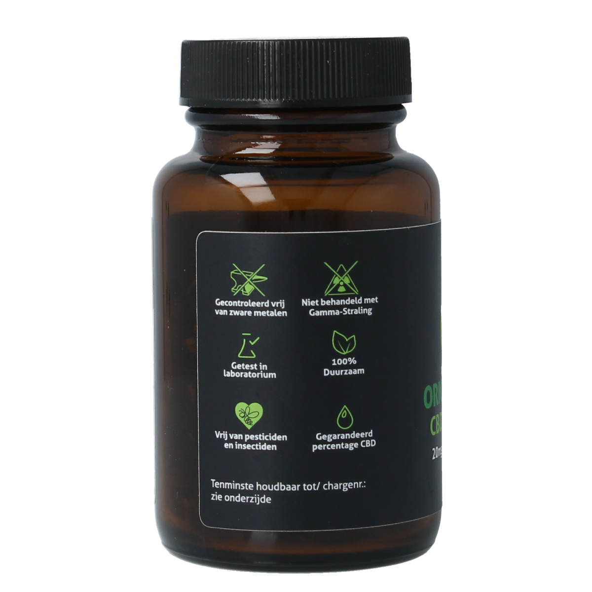 CBD Original CBD olie capsules, 20mg, herbal supplement in a clear bottle with white cap and label displaying product details.