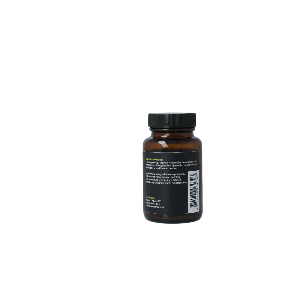 CBD Original CBD olie capsules, 20mg, herbal supplement, in clear bottle with label showing 60 capsules, natural herbal product.