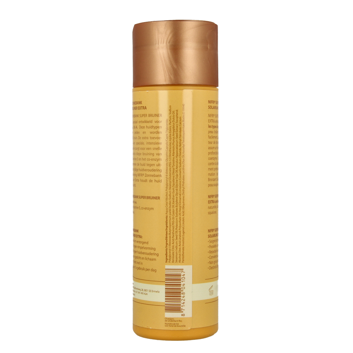 Nifri Zonnebank superbruiner 3 & 4 tanning lotion bottle, 200ml, with bright packaging and product label visible.