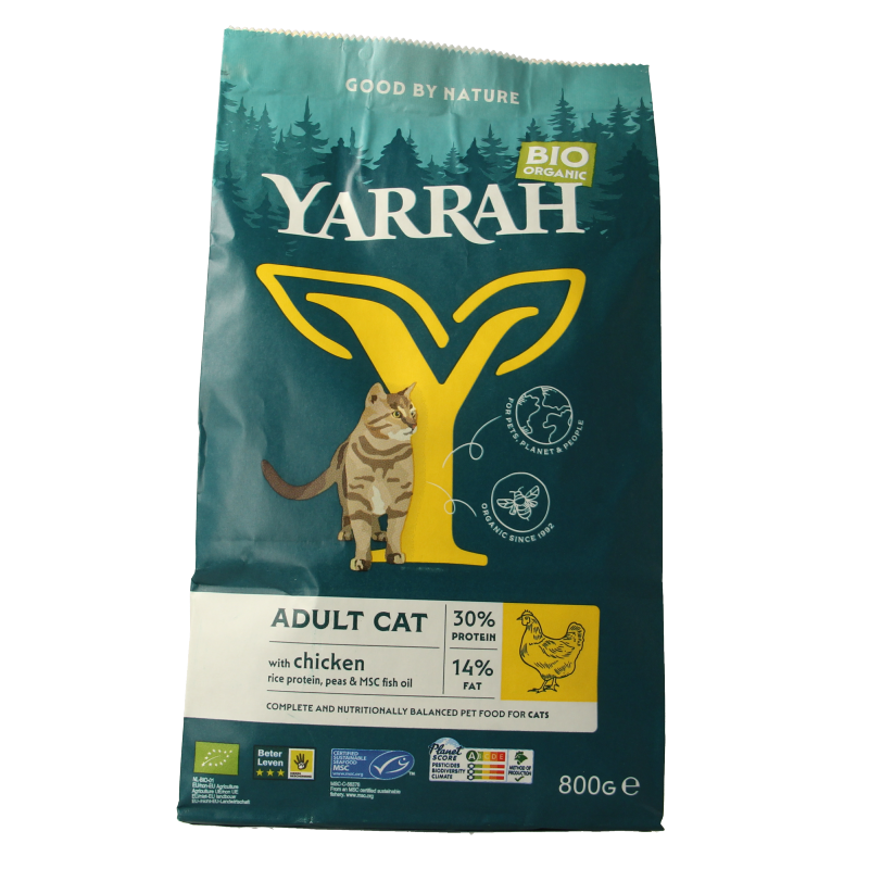 Yarrah adult cat food with chicken in 800g biodegradable packaging, natural organic pet nutrition for cats.