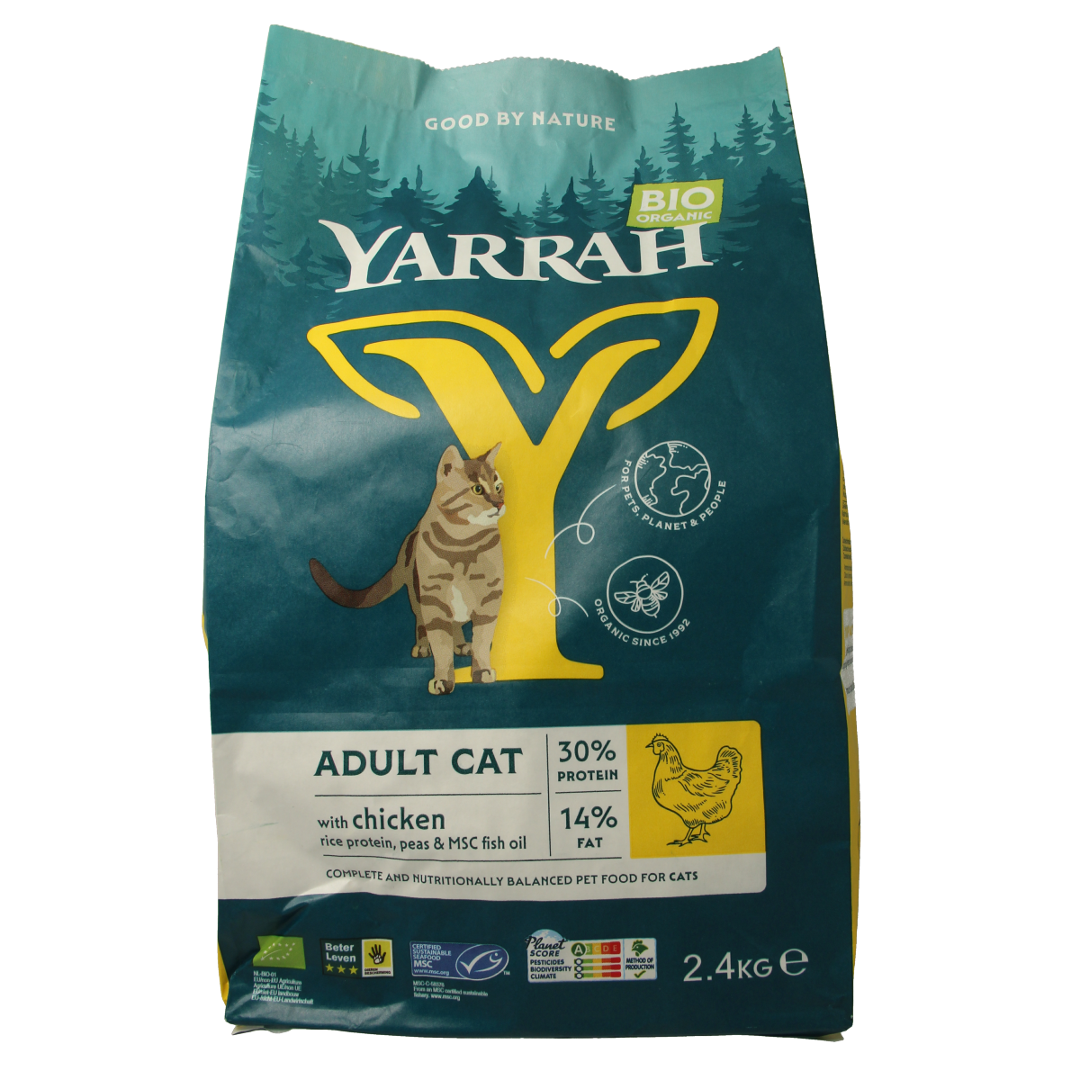 Yarrah adult organic chicken cat food in 2400g bag, showing the packaging with images of chicken and natural ingredients.
