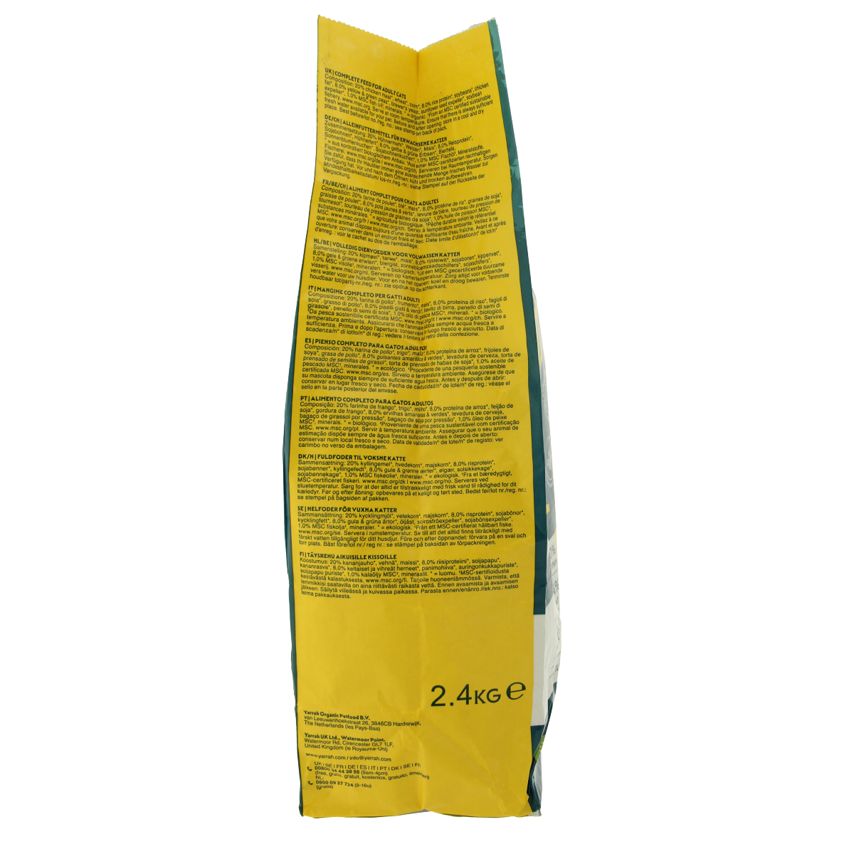 Yarrah Adult kattenvoer met kip bio, 2400 gram, biologisch kattenvoer in open doos with kibble visible