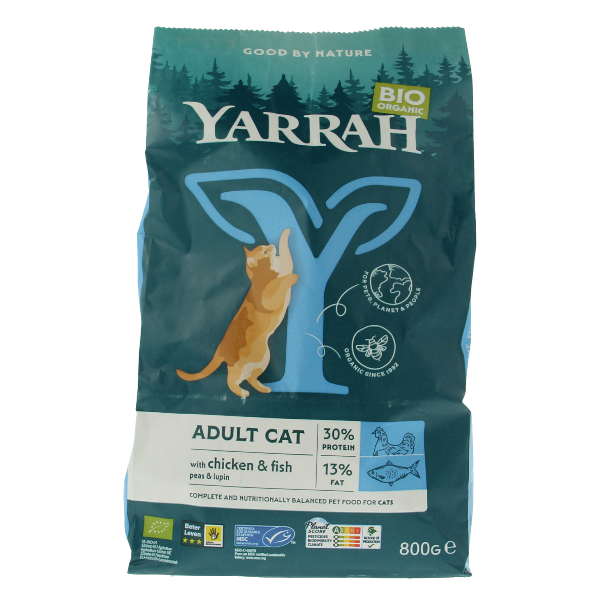 Yarrah adult cat food with fish and chicken, organic, 800g package, natural ingredients, suitable for adult cats