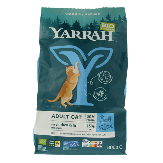 Yarrah adult cat food with fish and chicken, organic, 800g package, natural ingredients, suitable for adult cats