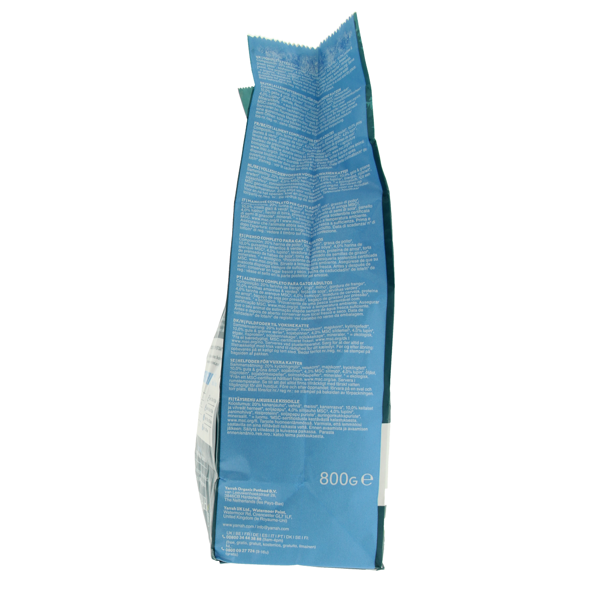 Yarrah Adult kattenvoer met vis en kip bio, 800g, in een open blik, zichtbaar met vis en kip ingrediënten en biologische labels