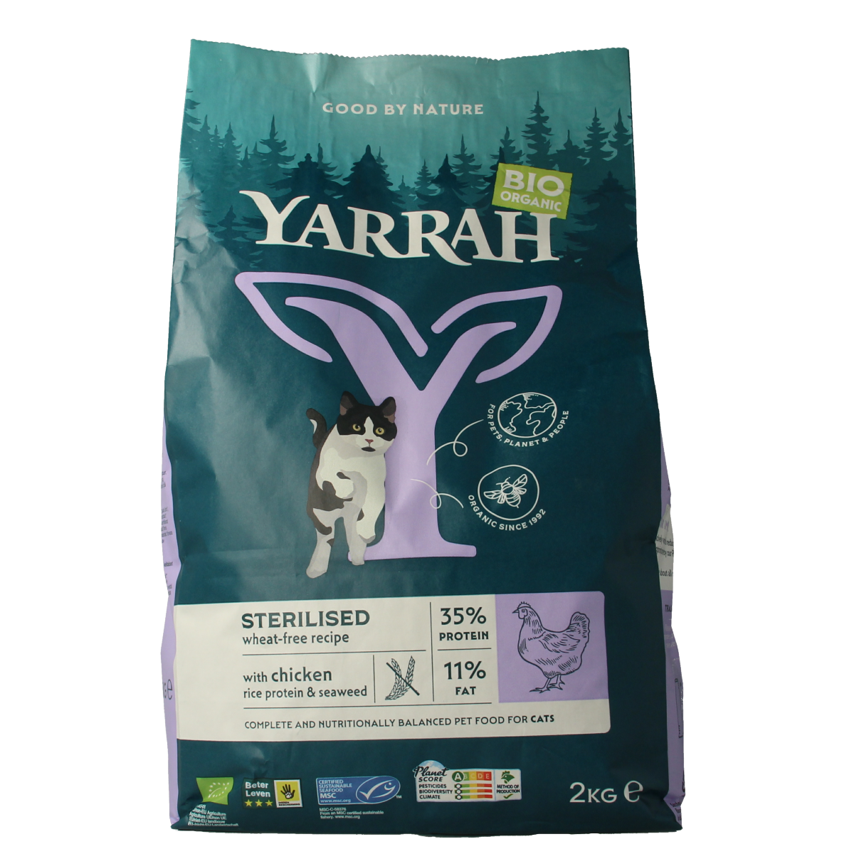 Yarrah wheat-free organic cat food for sterilized cats, 2000g package, natural animal nutrition for healthy feline diet