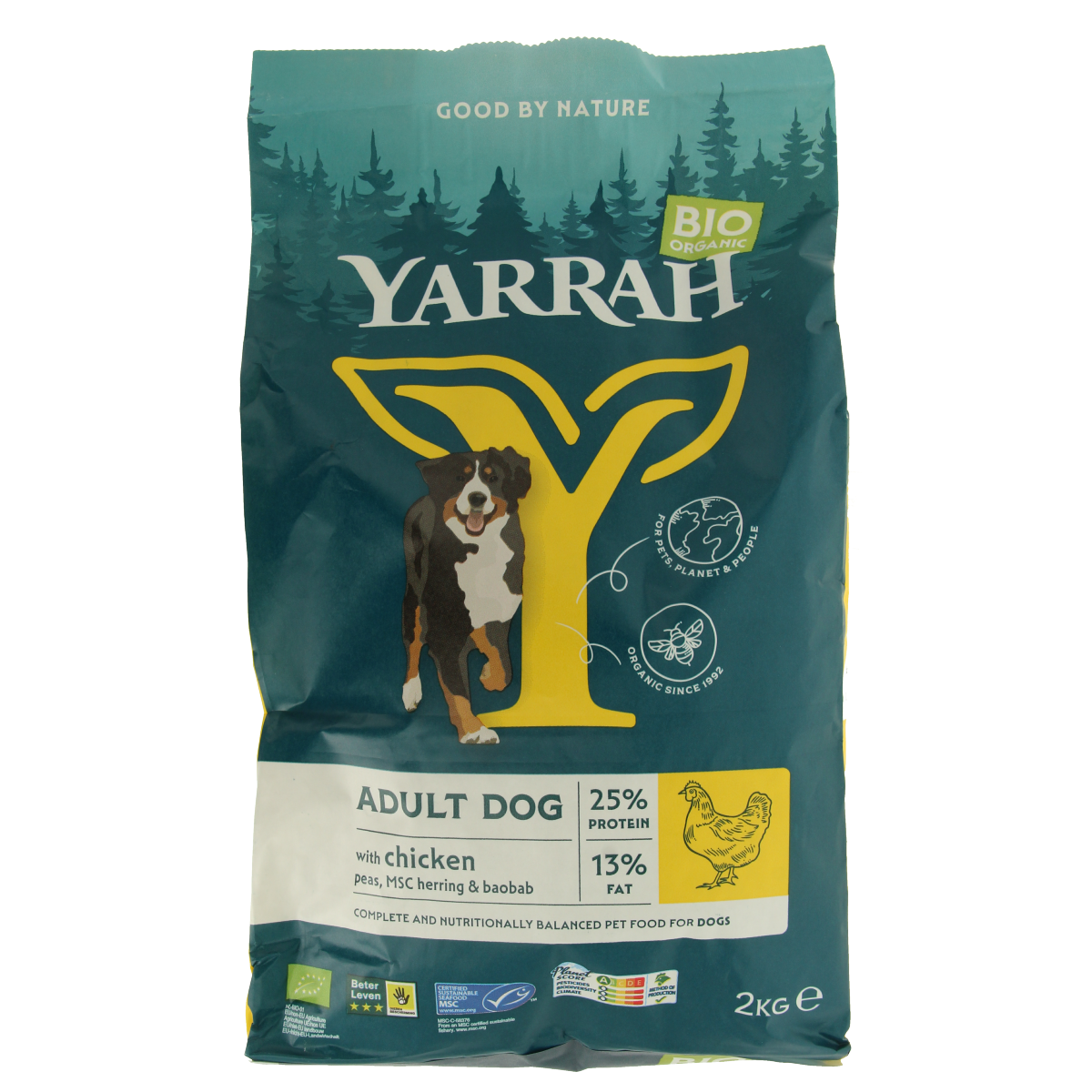 Yarrah Adult chicken organic dog food bag with MSC certification, 2000 grams, natural pet nutrition for adult dogs