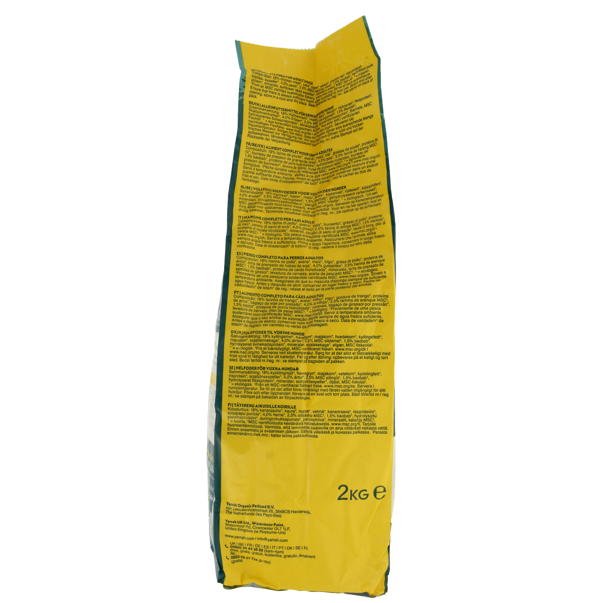 Yarrah Adult hondenvoer met kip bio MSC, 2000 gram, biologisch hondenvoeding in open verpakking with kibble and label