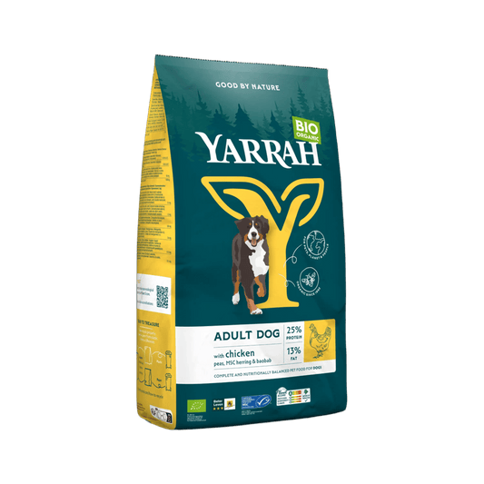 Yarrah Adult hondenvoer met kip, biologisch, MSC gecertificeerd, 15 kg, natuurlijk hondenvoeding in zak, verse kip zichtbaar