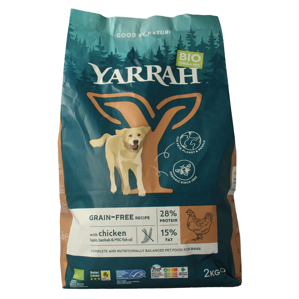 Yarrah grain-free organic dog food in 2000g package, natural pet nutrition for healthy dogs.