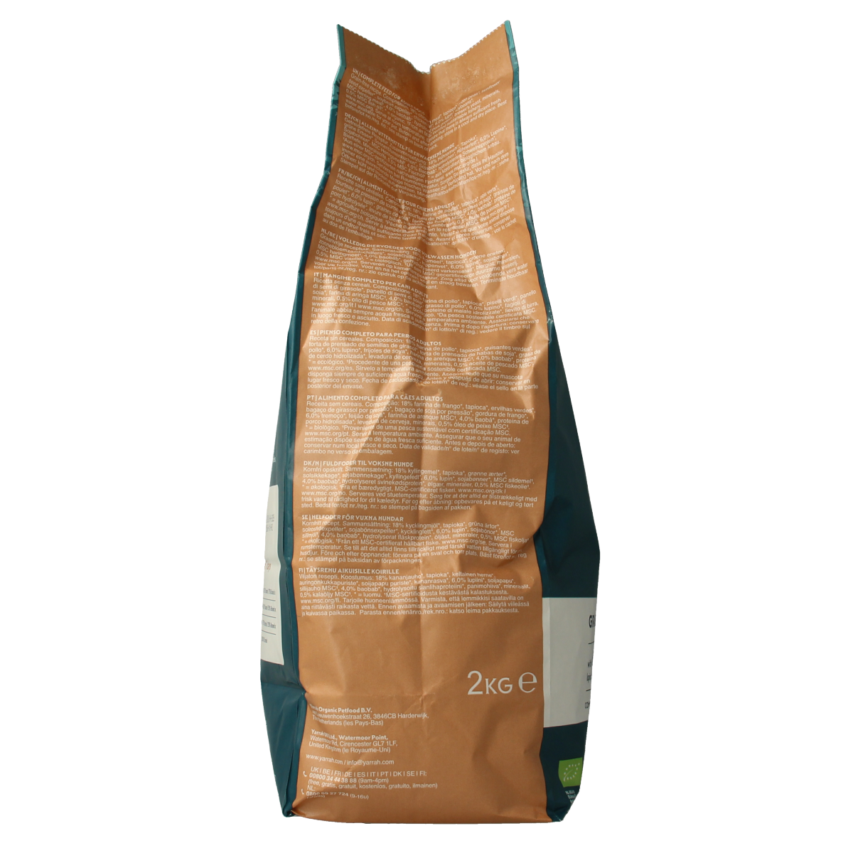 Yarrah grain-free organic dog food in a 2000g bag, natural pet nutrition from Yarrah, with visible packaging and branding.