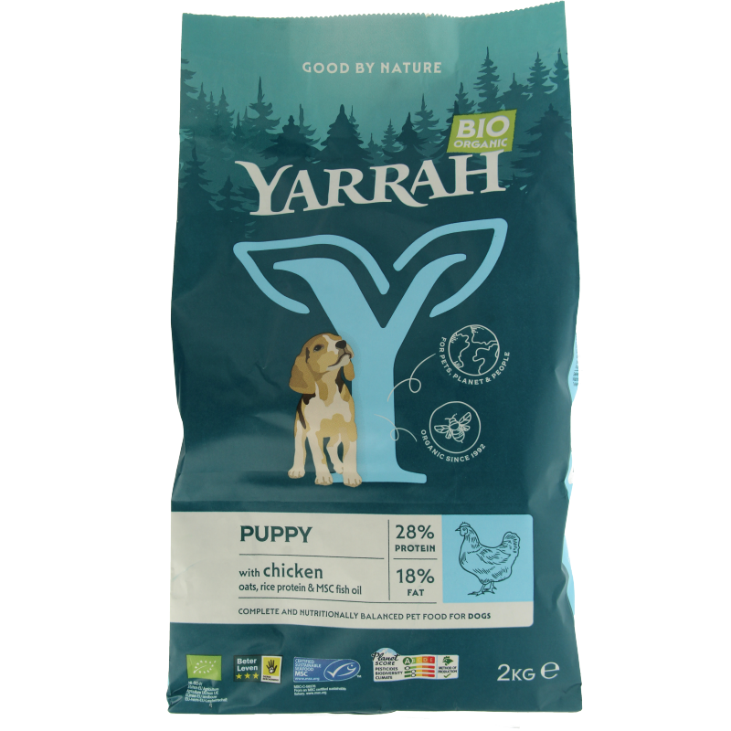 Yarrah Puppy organic dog food in 2000g package, natural pet nutrition for puppies, with visible dog food and packaging.
