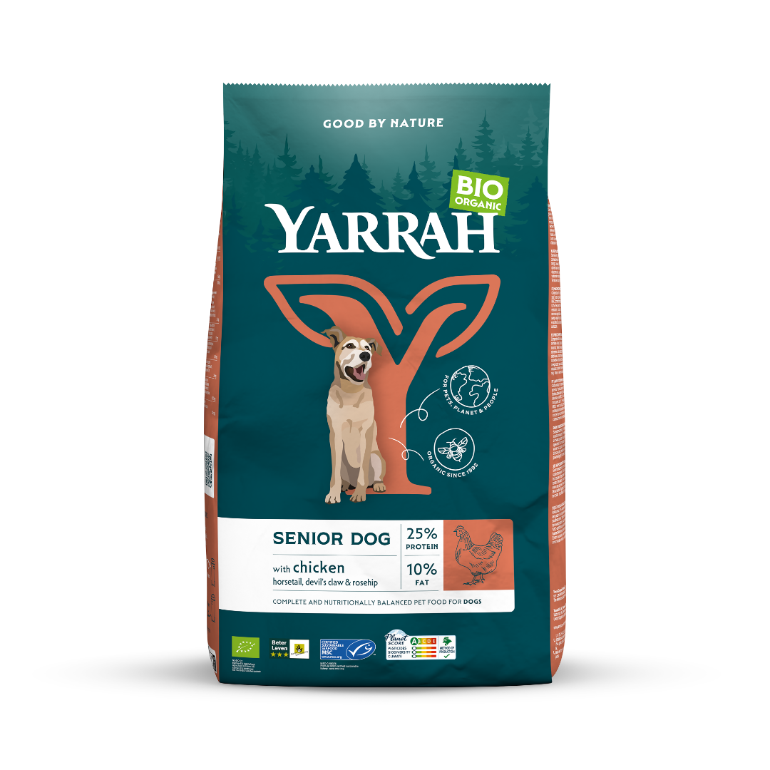 Yarrah senior organic dog food MSC in 10kg bag, natural biodegradable pet food for older dogs, showing the product packaging.