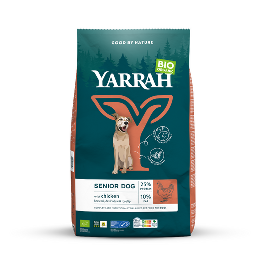 Yarrah senior organic dog food MSC in 10kg bag, natural biodegradable pet food for older dogs, showing the product packaging.