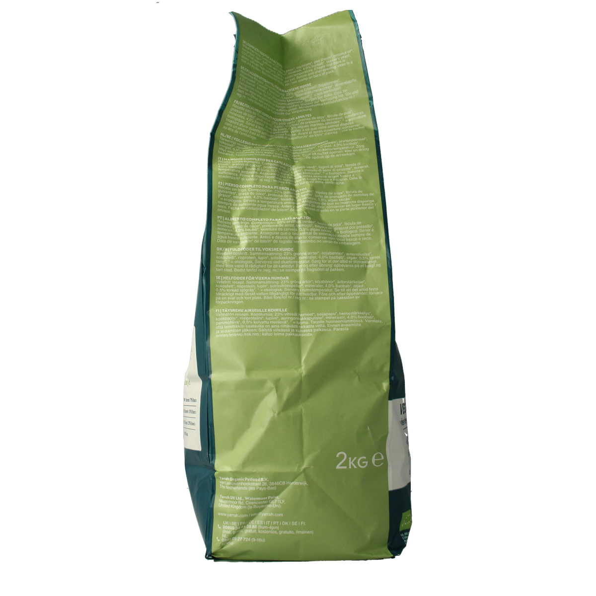 Yarrah vegan wheat-free organic dog food 2000g package, natural pet nutrition from Yarrah with visible product packaging.