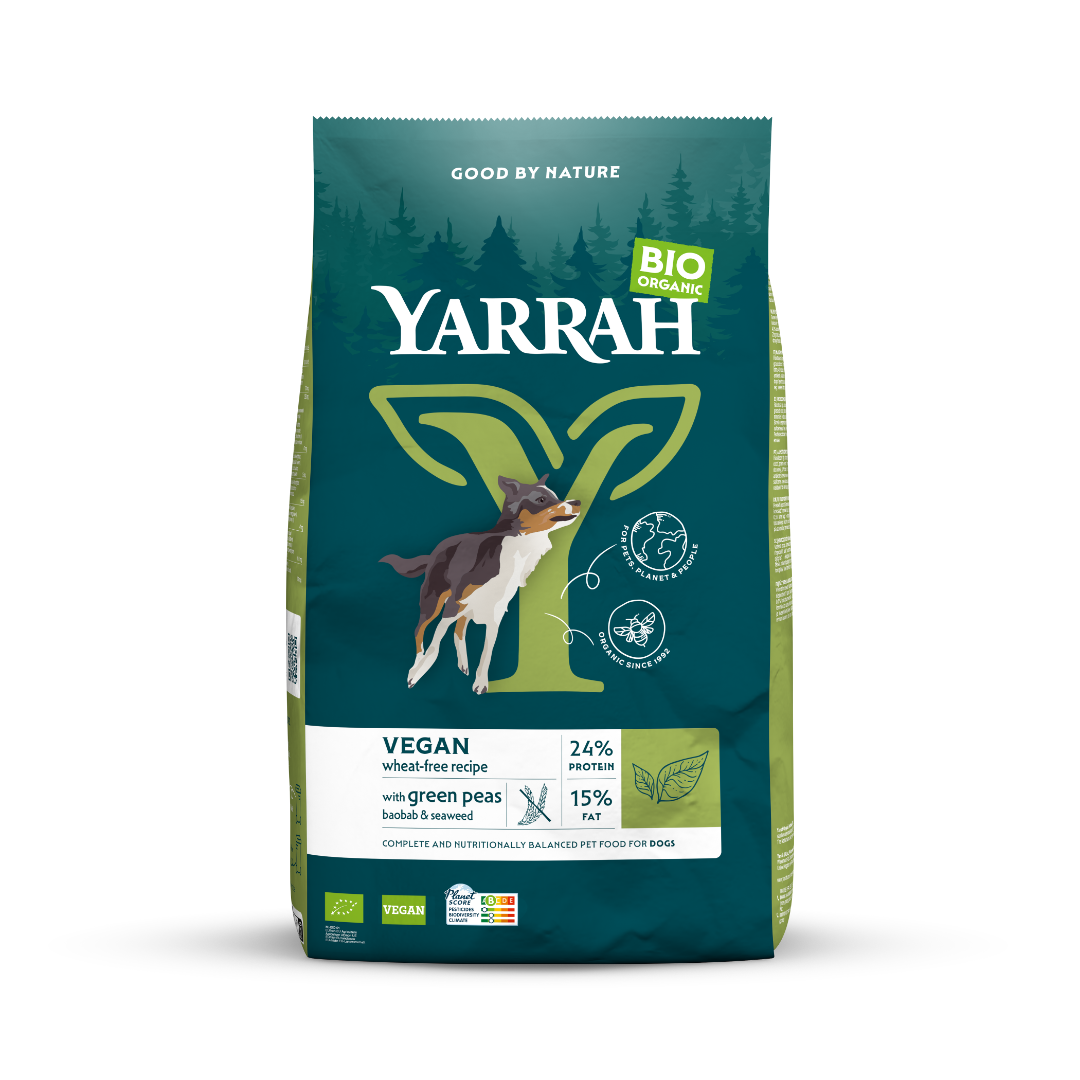Yarrah vegan wheat-free organic dog food in a 10kg bag, featuring natural ingredients suitable for health-conscious pets.