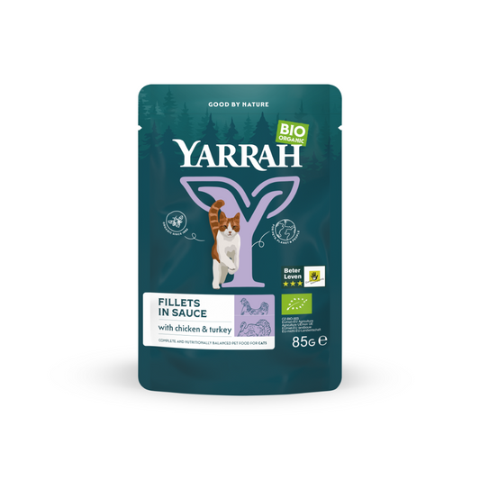 Yarrah Kat filets with chicken and turkey in sauce, organic pet food, 85g, shown in a close-up image of the packaging.