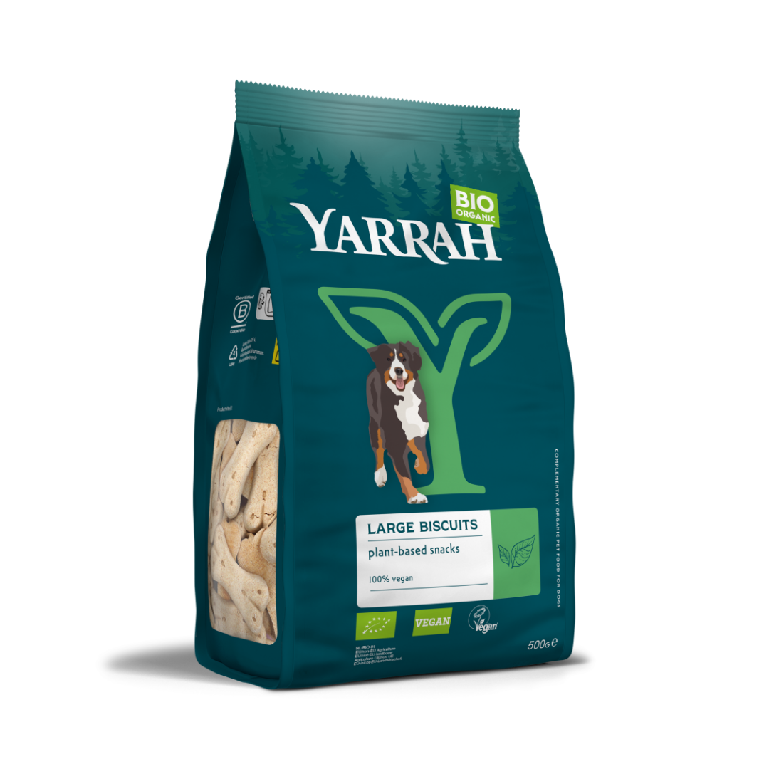 Yarrah vegetarian organic dog biscuits in a 500g package, shown in the image, a natural pet food for dogs.