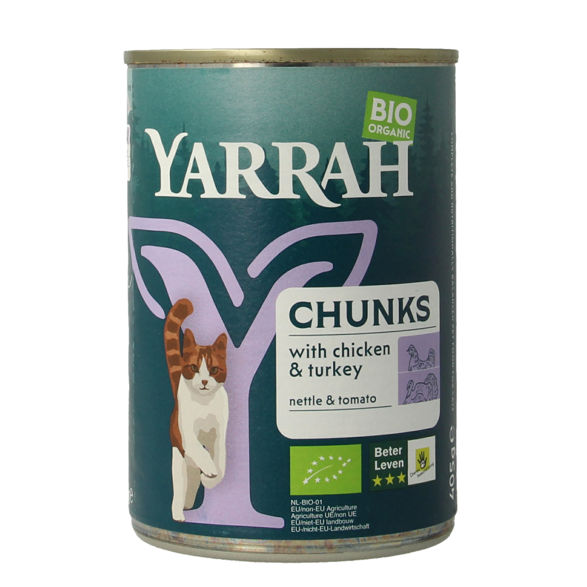 Yarrah organic cat food chunks with chicken and turkey in sauce, 405 grams, natural pet nutrition for cats.