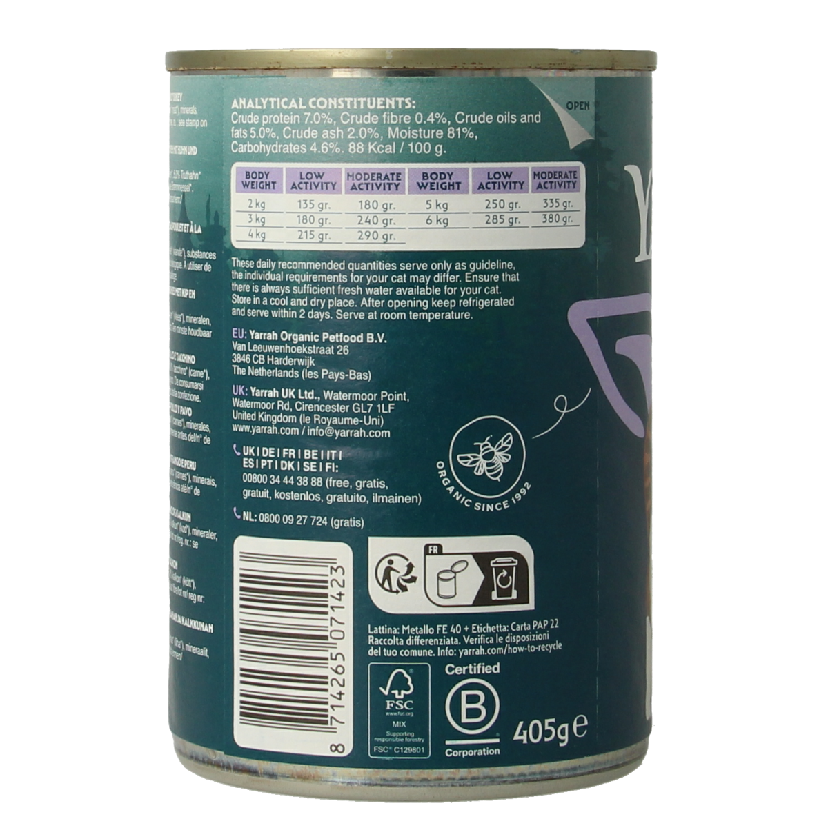 Yarrah organic cat food chunks with chicken and turkey in sauce, 405g, natural pet nutrition for cats
