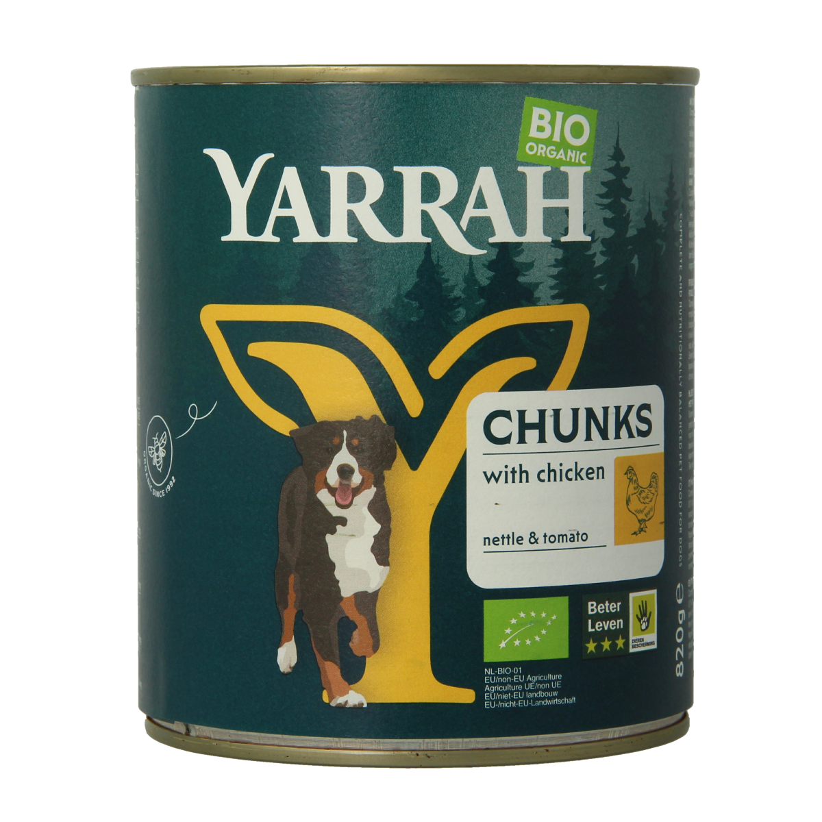 Yarrah organic chicken dog food chunks in sauce, 820g package, natural pet nutrition for dogs.