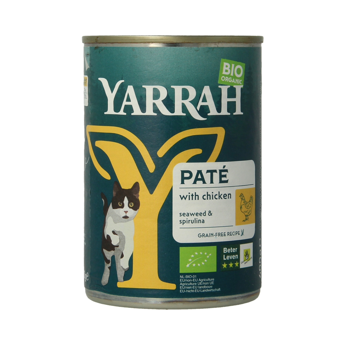 Yarrah organic chicken pâté cat food in 400g can, showing a close-up of the cat food with a smooth, creamy texture.