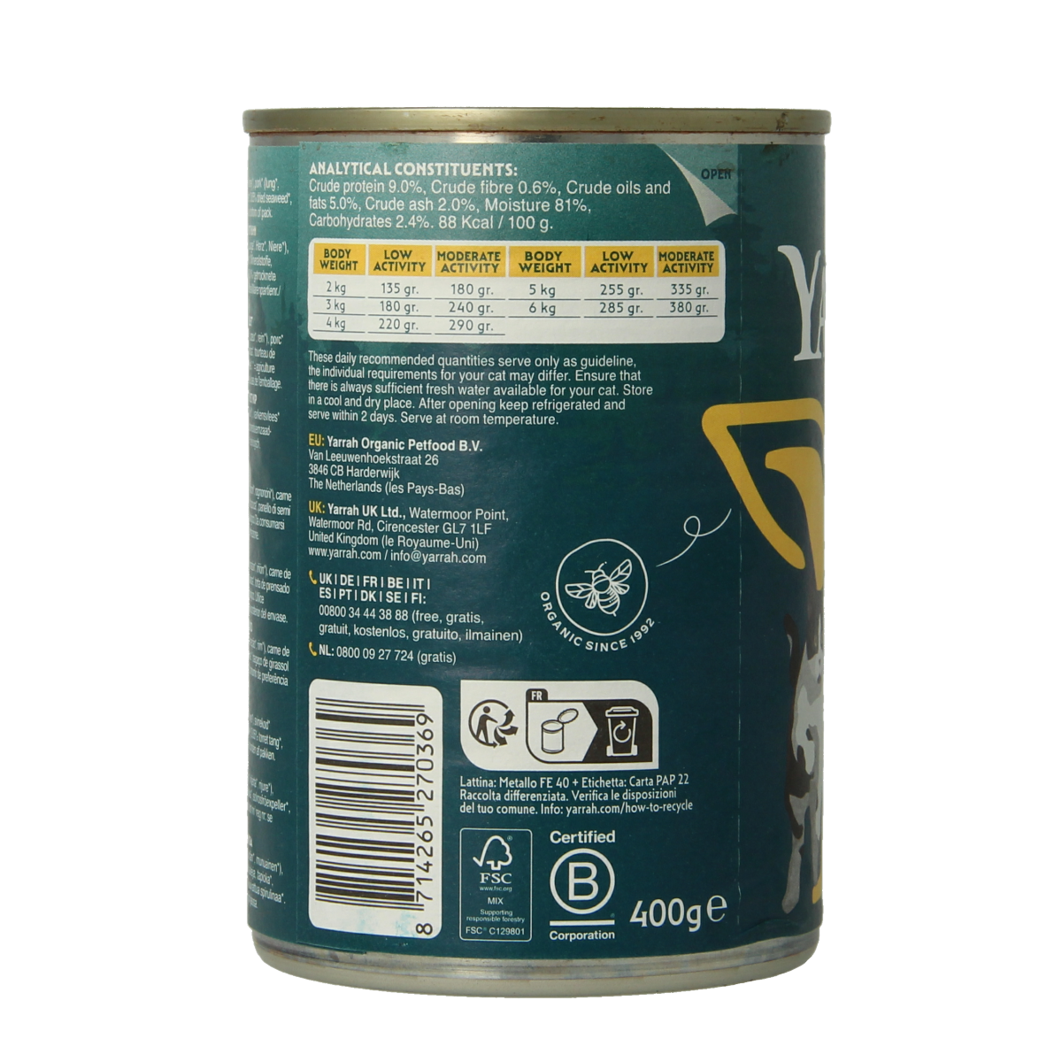 Yarrah organic cat food pate with chicken in 400g can, showing the label and product packaging for pet nutrition.
