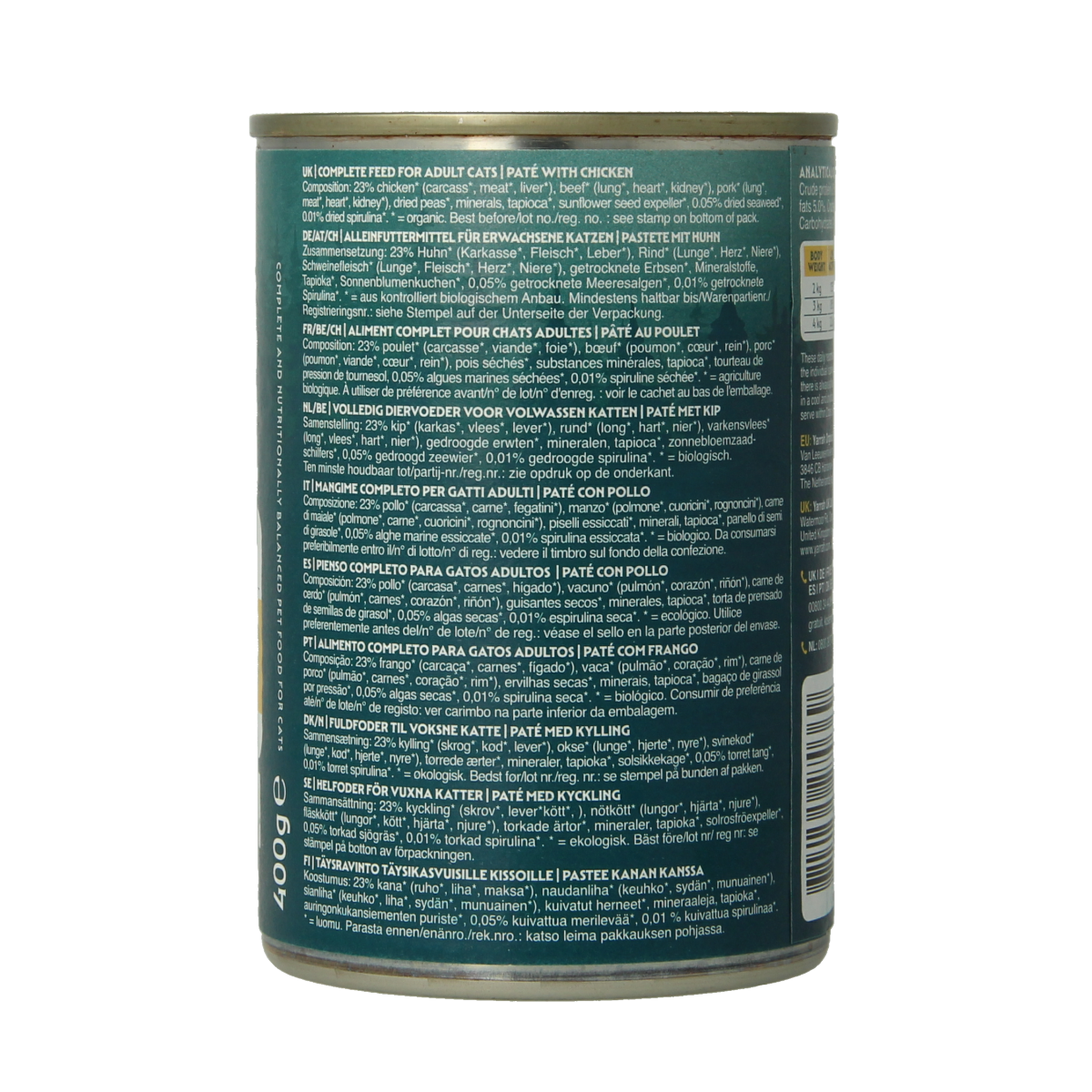 Yarrah organic cat food pate with chicken in 400g can, showing the can with label and chicken ingredients.
