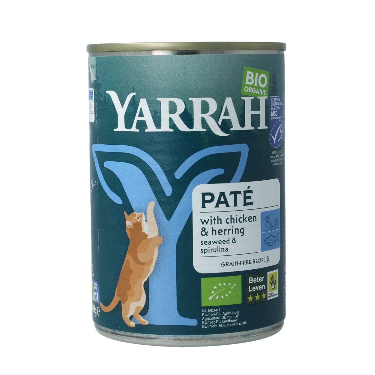 Yarrah organic cat food pate with chicken and fish in 400g can, showing the product label and packaging details.