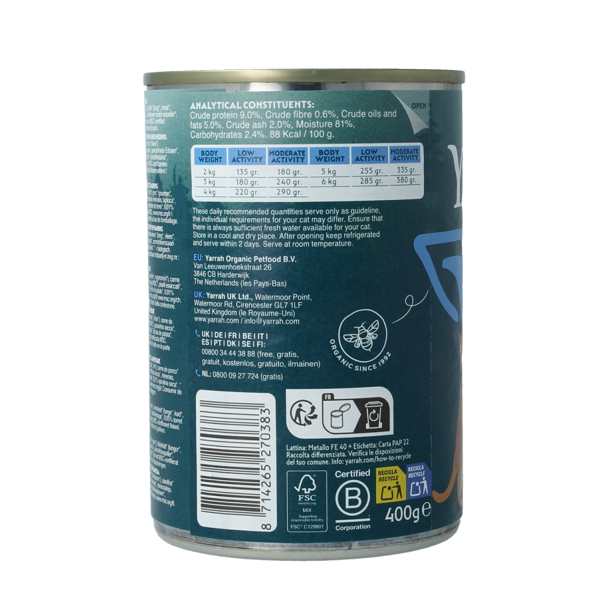 Yarrah Kattenvoer pate kip met vis biologisch, 400g, blik met kattenvoeding voor katten, zichtbaar in de afbeelding.