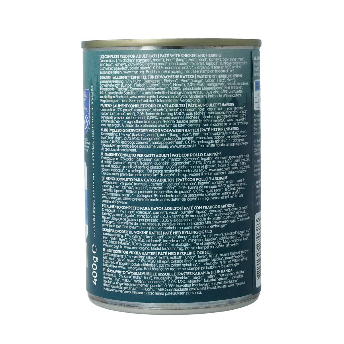 Yarrah organic cat food pate with chicken and fish in a 400g can, showing the open lid and cat food inside.