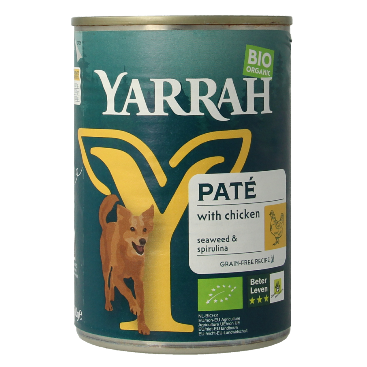 Yarrah organic chicken pâté dog food in 400g can, showing the product label and packaging for natural, healthy pet nutrition.