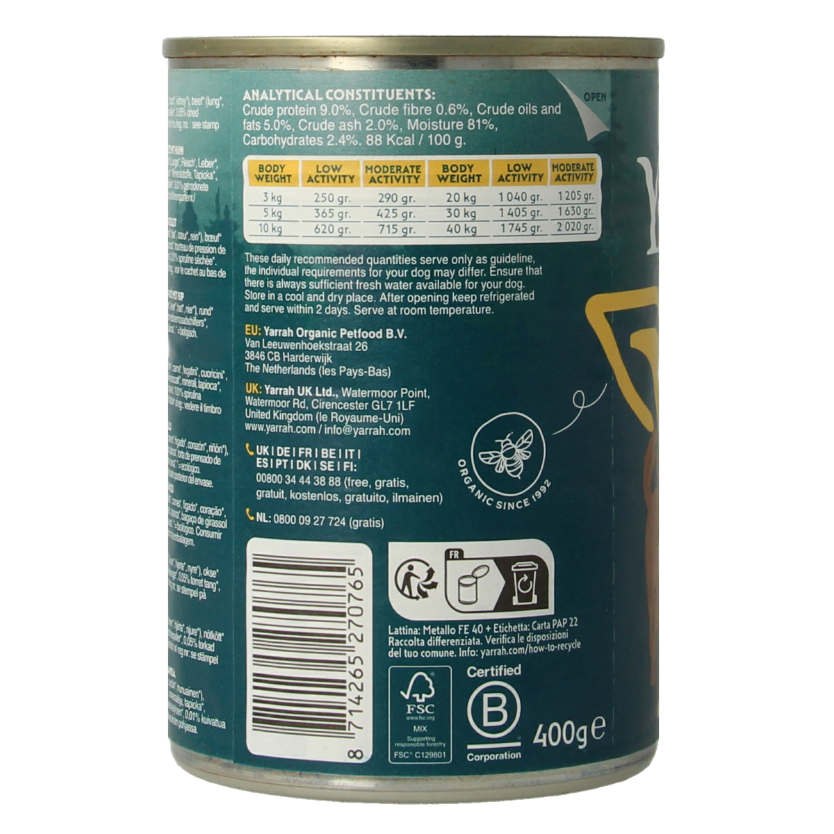 Yarrah organic chicken pate dog food in 400g can, showing a close-up of the dog food with chicken pate texture.