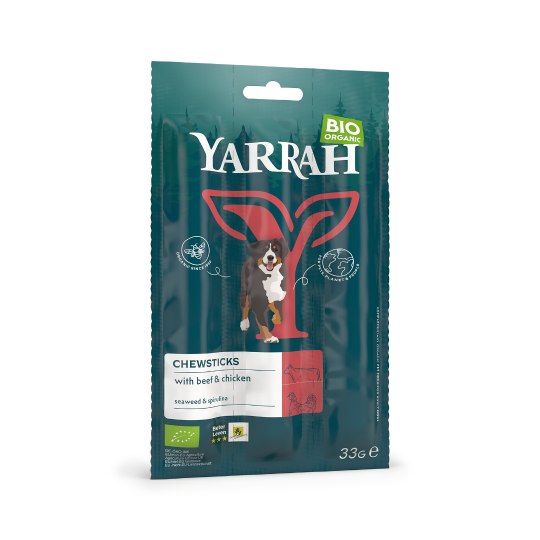 Yarrah organic dog chew sticks in 33g packaging, natural pet food for dogs, with visible packaging and product details.