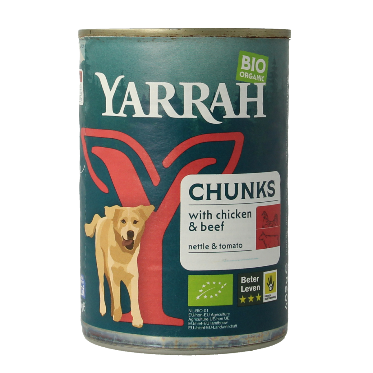 Yarrah organic dog food chunks with beef and chicken in sauce, 405g, natural pet nutrition for dogs.