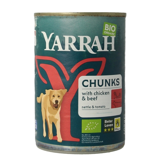Yarrah organic dog food chunks with beef and chicken in sauce, 405g, natural pet nutrition for dogs.