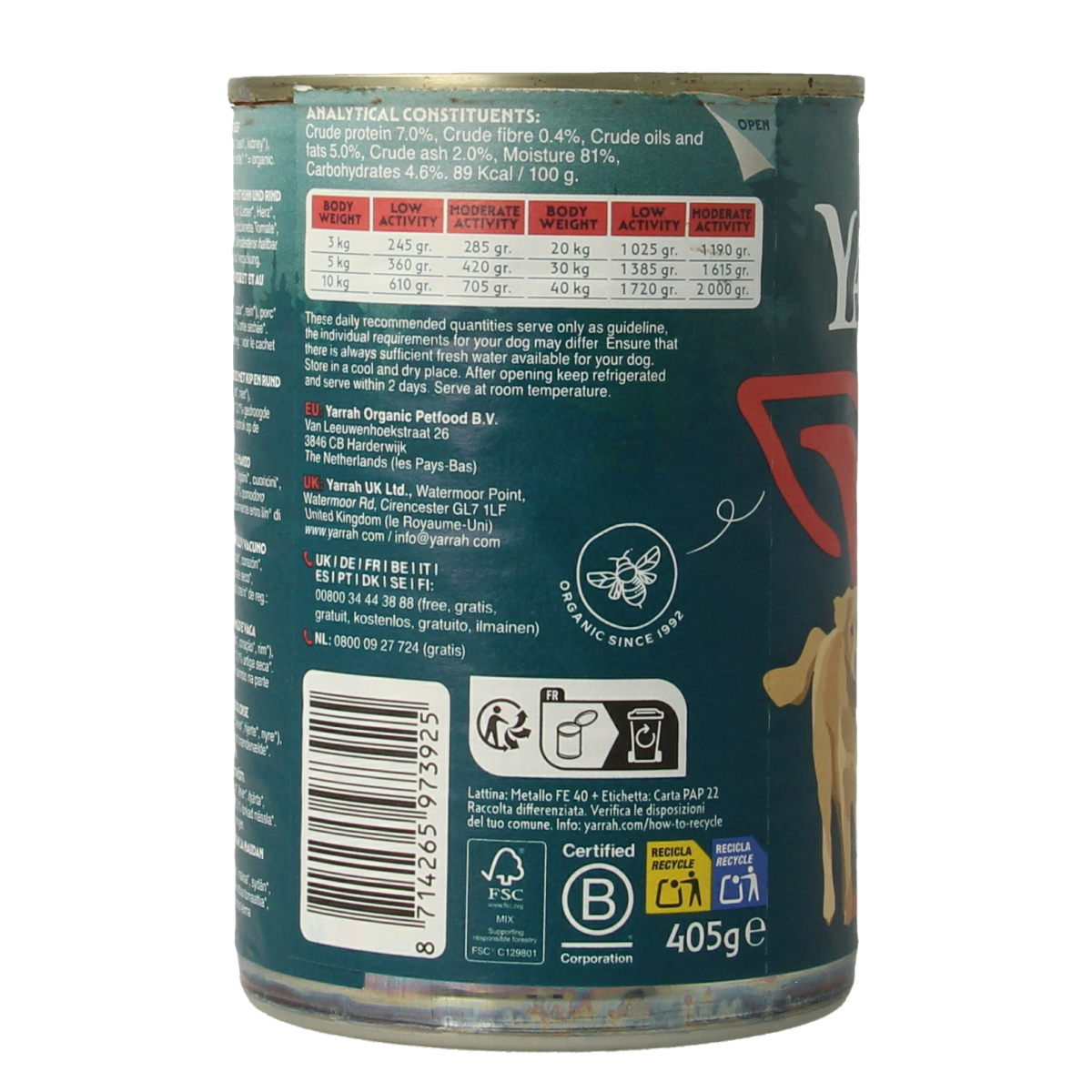 Yarrah organic dog food chunks with beef and chicken in sauce, 405g, showing the canned packaging with ingredients.