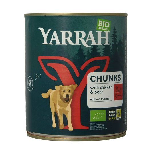 Yarrah organic dog food chunks with beef and chicken in sauce, 820 grams, natural pet nutrition for dogs