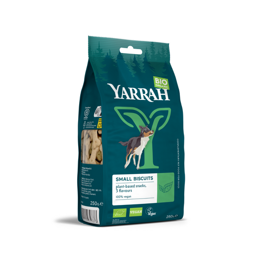 Yarrah multi-bio dog biscuits in 250g package, natural organic pet food for dogs, with visible packaging and biscuits.