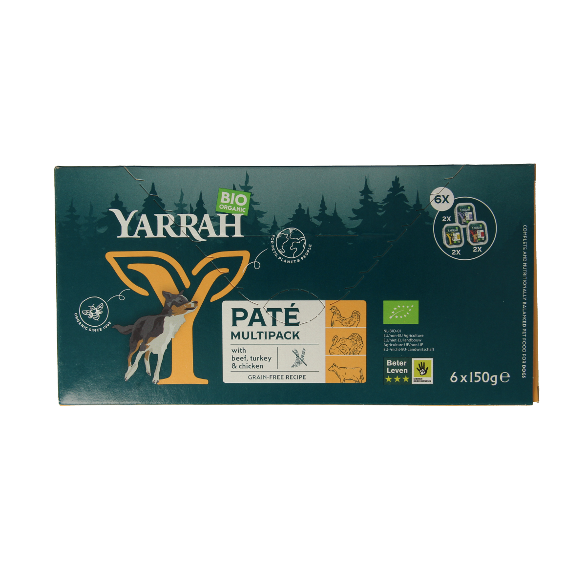 Yarrah organic dog food multipack with chicken, beef, and turkey pate in 150g cans, natural pet nutrition from Yarrah