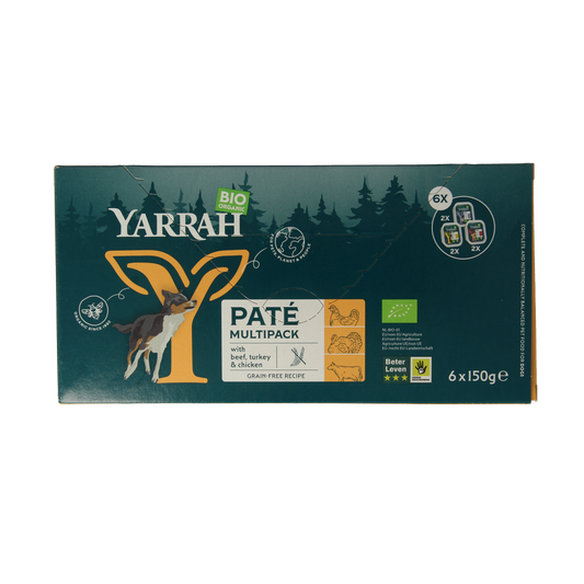 Yarrah organic dog food multipack with chicken, beef, and turkey pate in 150g cans, natural pet nutrition from Yarrah