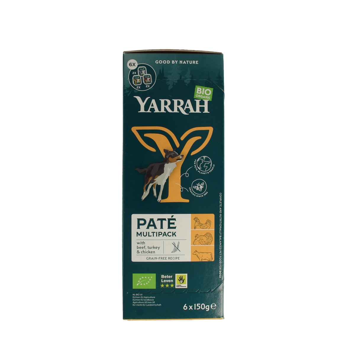 Yarrah organic dog food multipack with chicken, beef, and turkey pâté in 150g cans, natural pet nutrition for dogs.