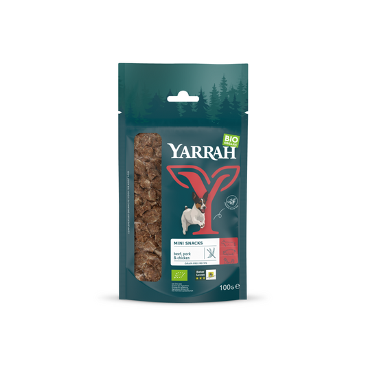 Yarrah Mini dog snacks with organic beef, pork, and chicken, 100g package, natural pet food for small dogs.