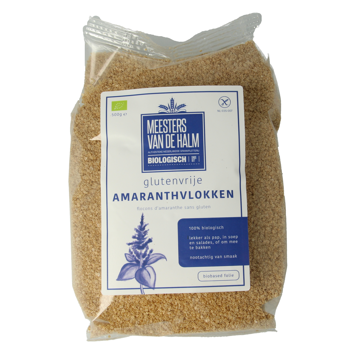 Organic De Halm Amaranth flakes in a 500g package, shown in a clear bowl with some flakes scattered around.